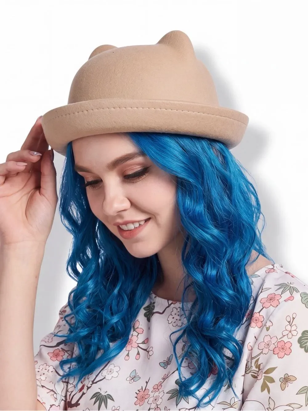 Tan Dome Crown Curled Cat Ear Bowler Hat OS NWT